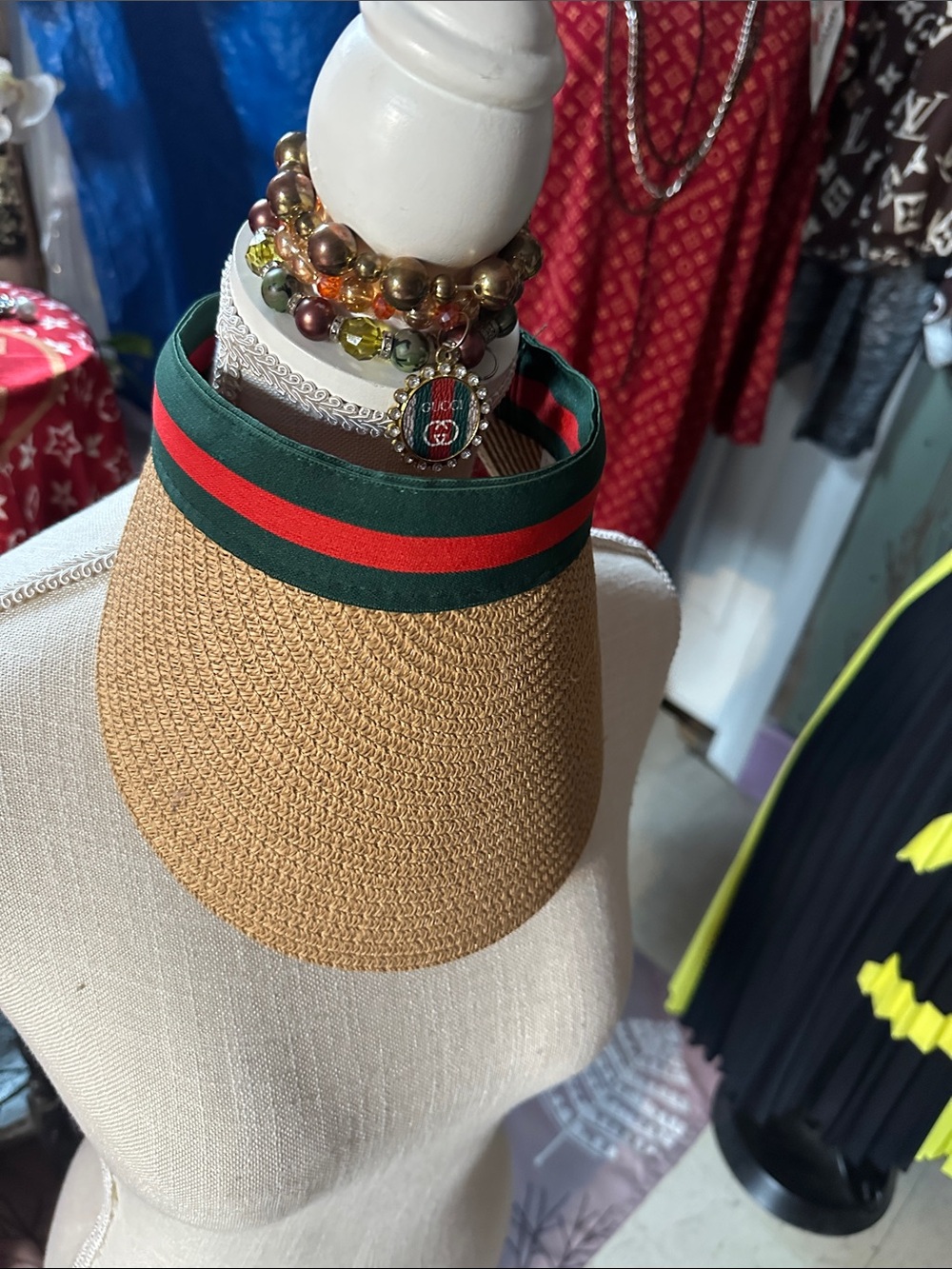 Woven Straw Visor with Green and Red Trim - Women's Sun Visor